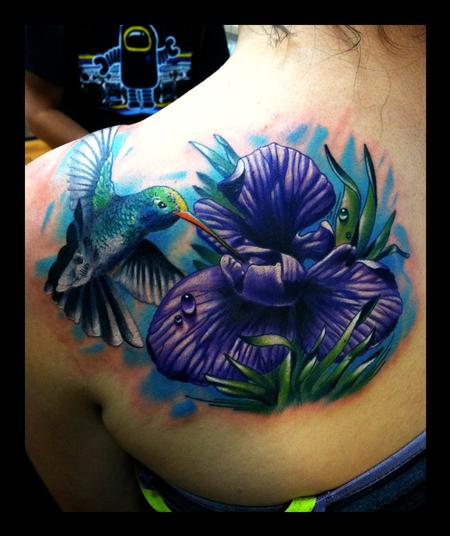 Brent Olson - Humming Bird and Flower Realistic Color tattoo Brent Olson Art Junkies Tattoo
